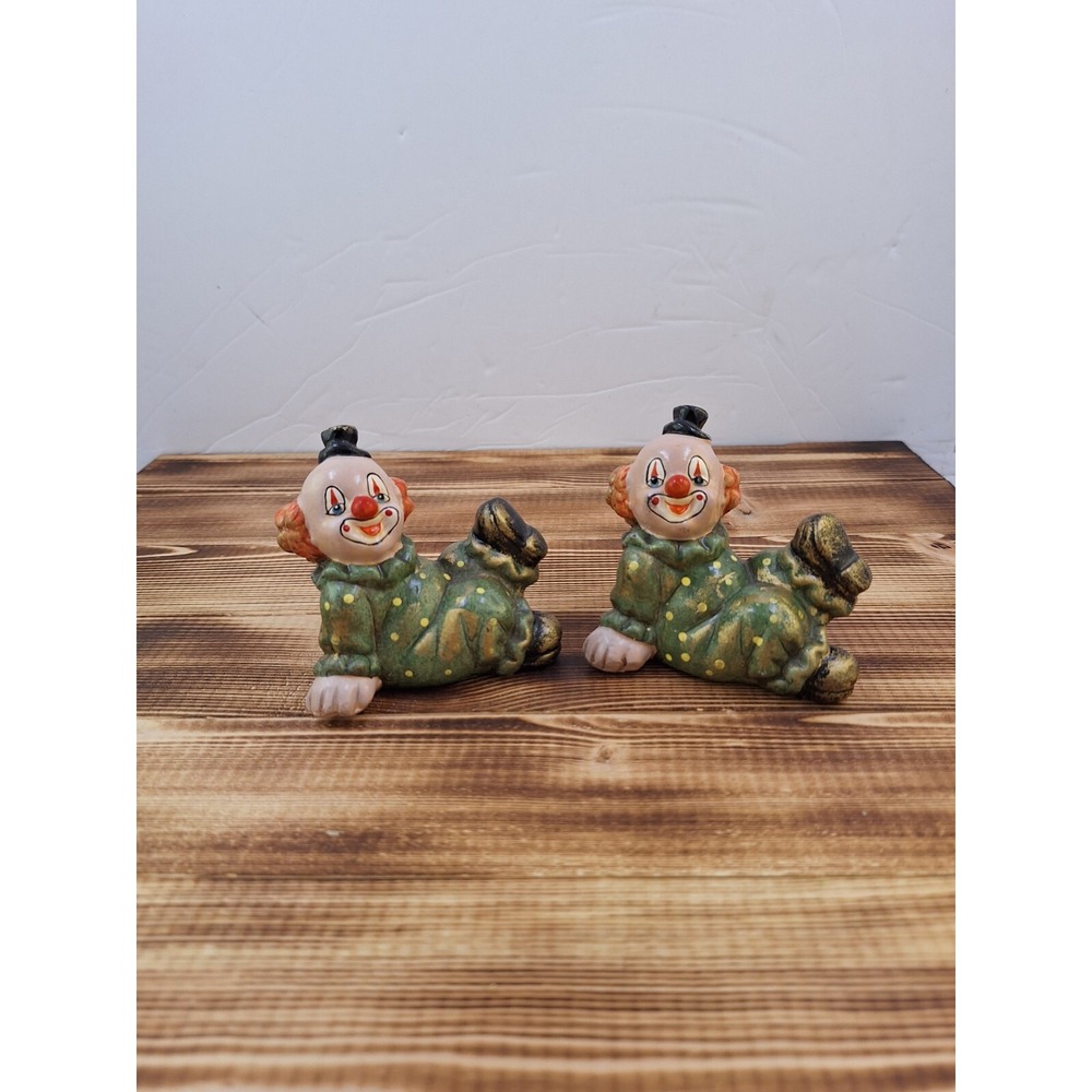 X2 Vintage Porcelain Circus Clown Kicked Back Relaxing Painted 3 Inch Figurine